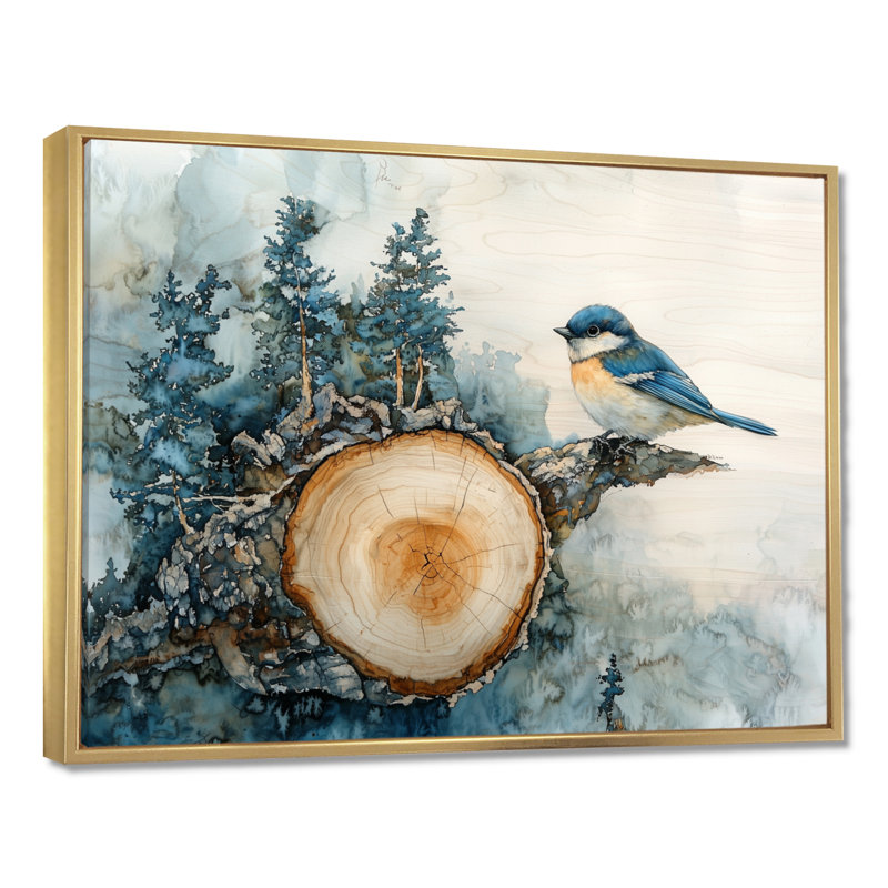Oiseaux bleus et blancs sur une glissade en bois I - oiseau, art mural, H 30 po x l 40 po, Cadre flottant, Doré