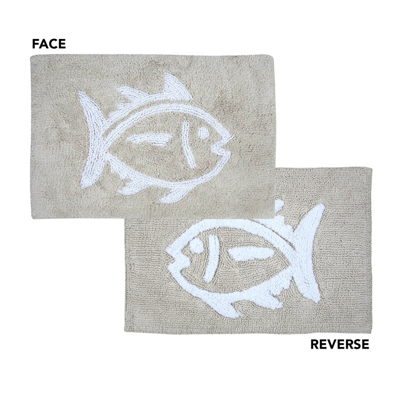 Sand Cotton Reversible Bath Rug with White Fish Design