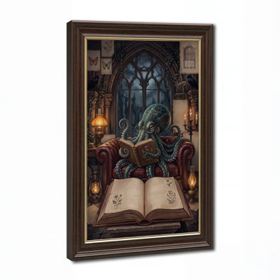 Pieuvre lisant un livre sur un canapé en cuir par Halloween gothique, art mural sur toile