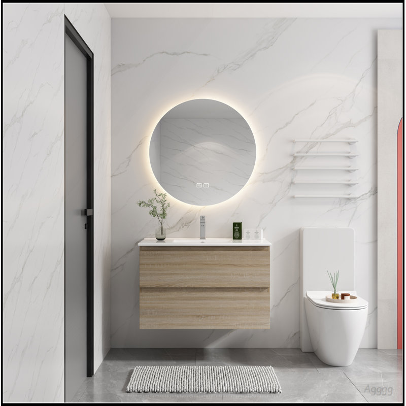 Meuble-lavabo mural 36 po avec lavabo en céramique 36 po, 2 tiroirs à fermeture en douceur, ensemble KD, Chêne clair