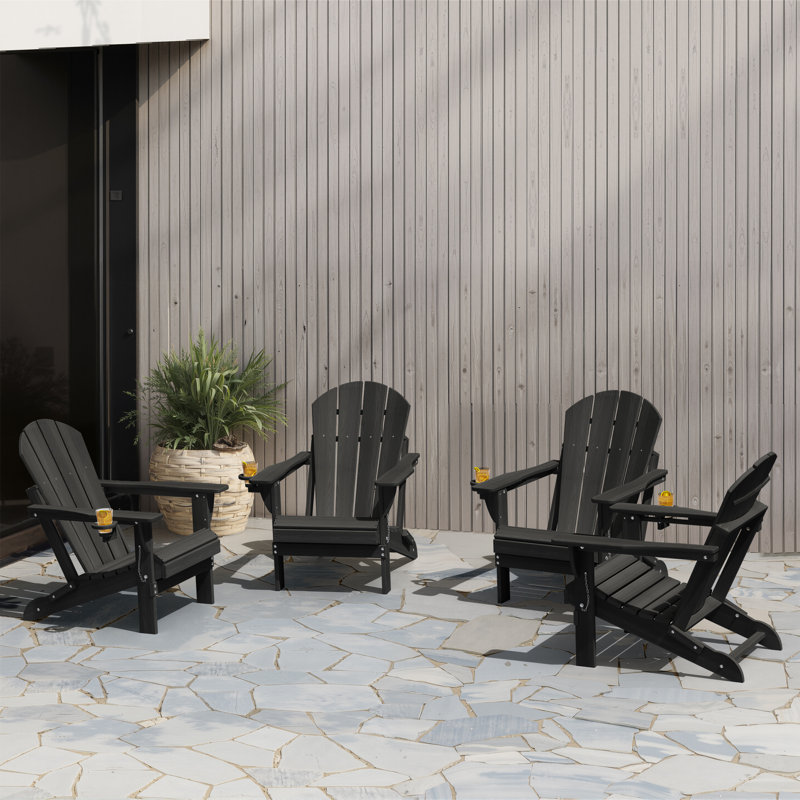 Besteiro Adirondack PEHD texture de bois pliable avec porte-gobelet, Noir, noir, noir, noir