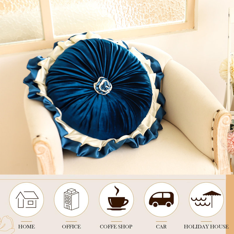 Ruffled Velvet Reversible Throw Pillow, Navy Blue, 14.9"H x 14.9"W