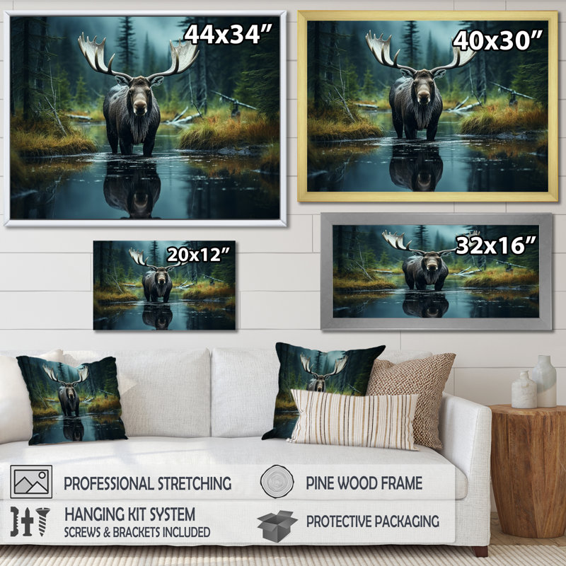«Green Moose Forest Dusk», art mural orignal, Cadre flottant doré, H 16 po x l 32 po x P 1 po
