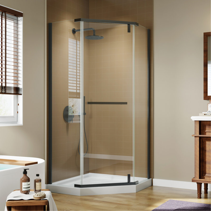 Corner Shower Enclosure 36 In. W X 72 In. H Frameless Neo-Angle Shower Enclosure, 1/4" (6Mm) Clear SGCC Tempered Glass, Pivot Shower Door In Matte Black,Shower Base Not Included
