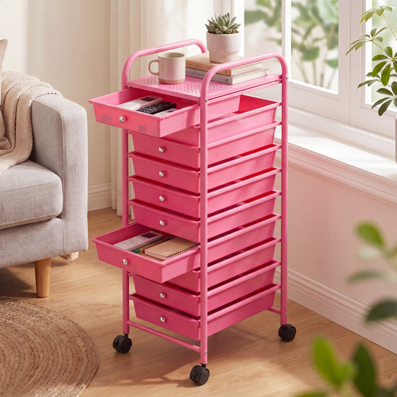 Chariot de rangement à roulettes à 10 tiroirs pour le bureau et la maison - Chariot utilitaire mobile à roulettes - Organisez vos fournitures de loisirs créatifs, maquillage et produits de base pour l'entraînement - Rose rouge