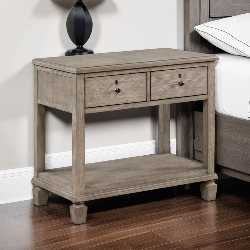Table de chevet Cely, 2 tiroirs avec tablette inférieure ouverte, placage de chêne gris