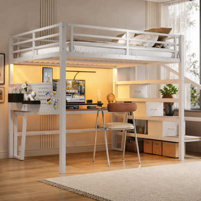 Grand lit mezzanine en métal avec escalier de rangement et bureau mobile avec port USB, structure de lit mezzanine en métal blanc / noir avec 3 tiroirs en tissu et DEL, garde-corps pleine longueur et panneau perforé pour enfants, adolescents, blanc