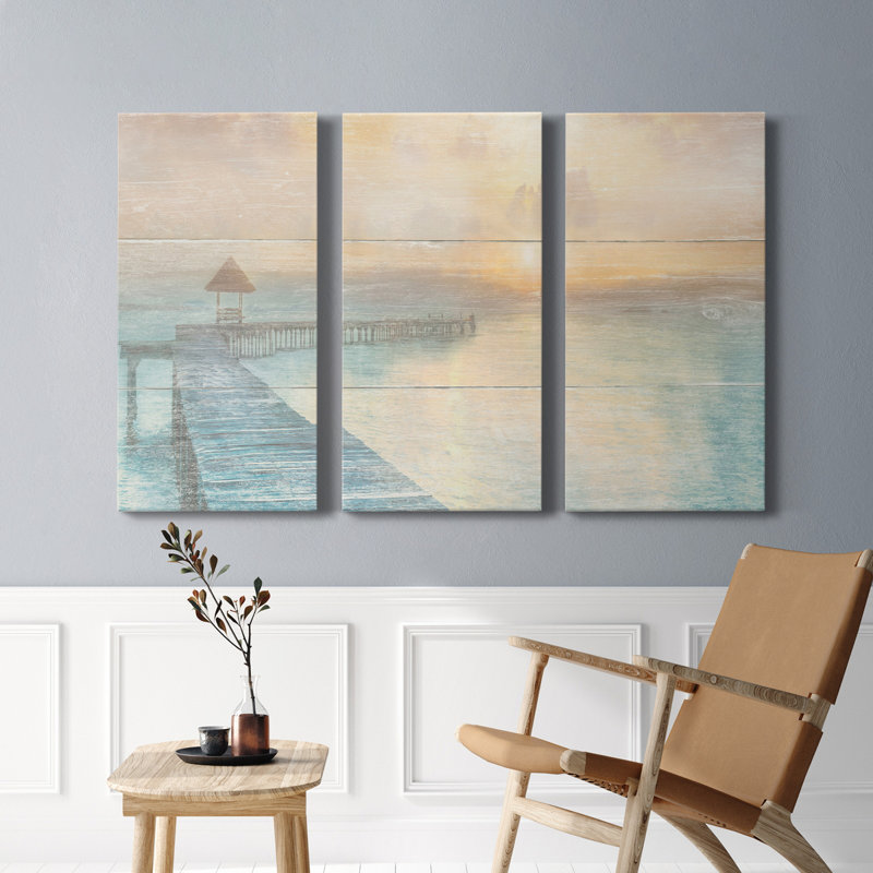 «Gather at the Beach», peinture sur toile tendue 3 pièces, H 60 po x l 120 po x P 1 po