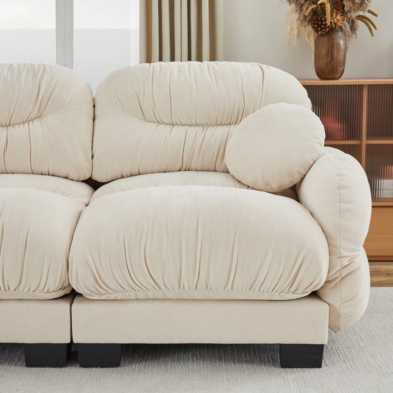 Pleated Modular Sectional Sofa, Chenille Cloud Couch with L-Shaped Chaise & Ottoman, Beige Chenille