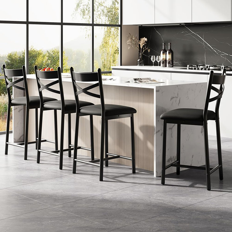 Bar Stools Set of 4, 26" Counter Height PU Leather Stools with X-Back Design & Footrest, 4, Black