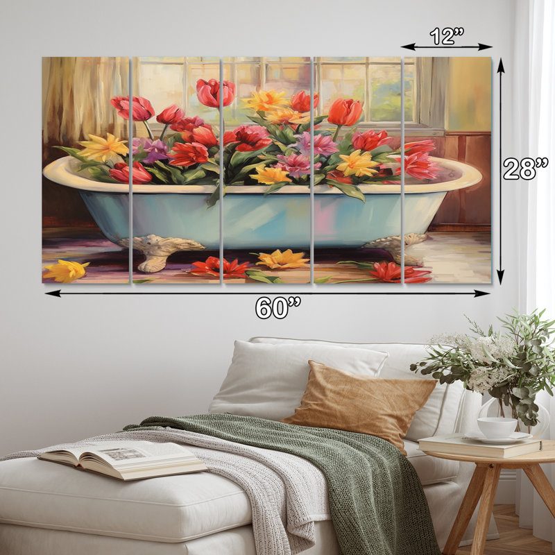 Baignoire avec floraison de tulipes rouges - impression d'art mural tulipe - 5 panneaux égaux