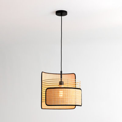 1 - Light Unique Boho Pendant with Wood Bamboo Wicker Accents