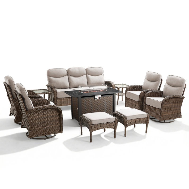 Ensemble de conversation d'extérieur en osier 10 pièces avec chaises pivotantes et table de foyer d'extérieur, Beige, Brown