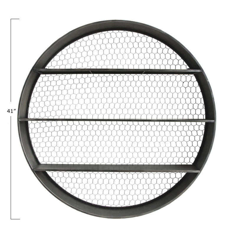 Round Metal Wall Décor with 4 Shelves and Wire Back Distressed, Gray