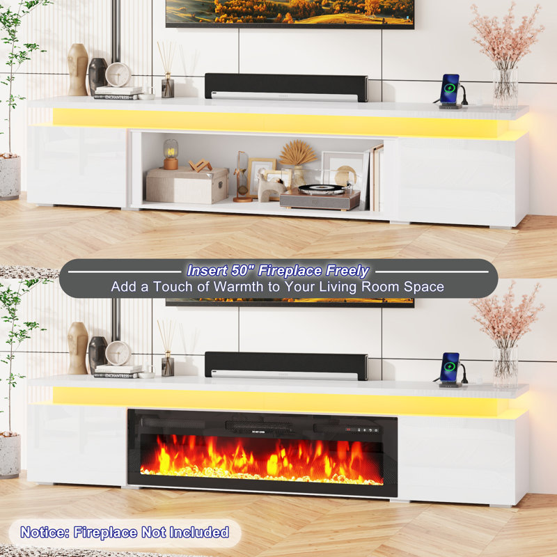 71" High Gloss TV Stand With Power Outlet And LED Light, 20.3"H x 71"L x 15"W, White