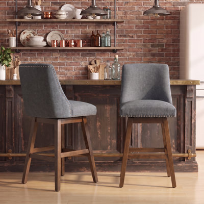 Upholstered Swivel Bar Stools Set of 2,  Modern Chairs with Ergonomic Design, Wood Frame & Adjustable Foot Pad for Kitchen Island, Home Bar, Dining Room, Dark Grey