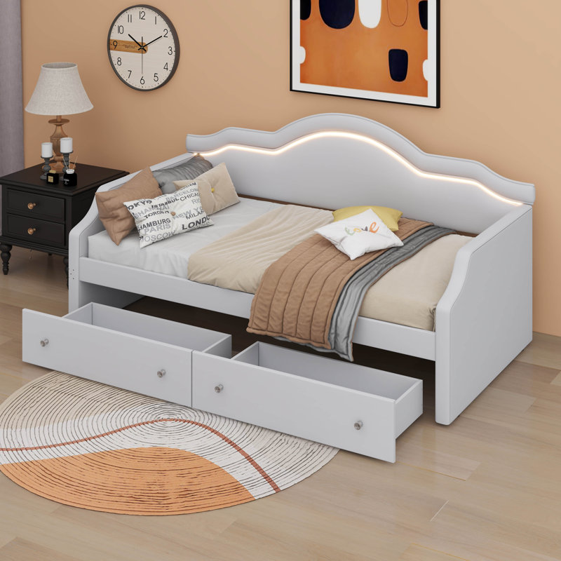 Lit de jour rembourré avec DEL et 2 tiroirs, Lit simple, Beige