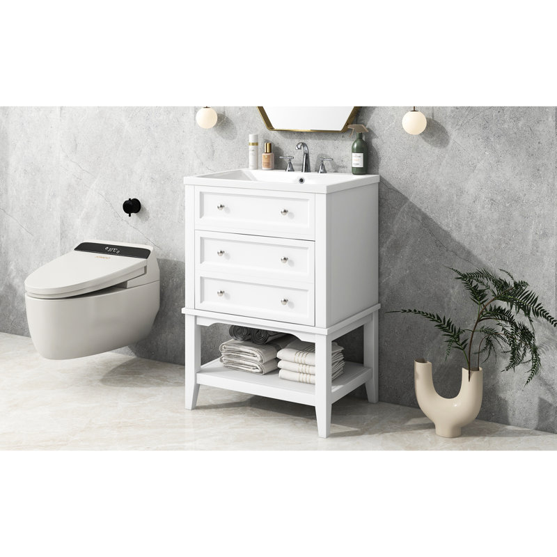 Meuble-lavabo 24 po avec lavabo, structure en bois massif, meuble-lavabo moderne avec tiroir et tablette ouverte blanc