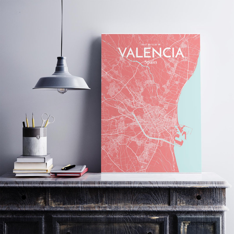 Valencia, carte de la ville, impression, H 27,6 po x l 19,7 po, Rose / bleu bébé