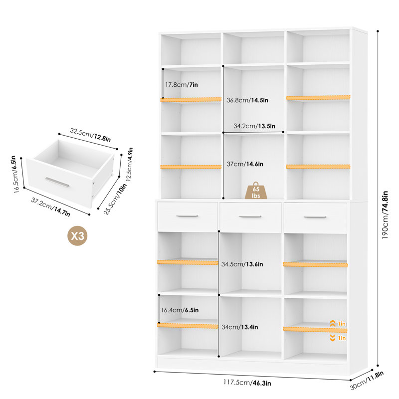 Ensemble de bibliothèque de rangement standard en bois à 9 niveaux H 75 po x l 46 po