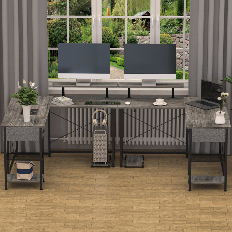 Ivanno L-Shaped Metal Base Computer Desk, Grey/Black