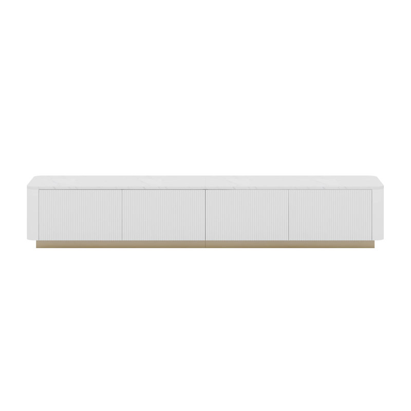 Modern Fluted TV Stand - Faux Marble Tabletop Media Console With 4 Drawers, Curved Design, Gold Base, White