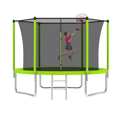 Trampoline pour enfants de 10 pi avec panier de basketball, trampoline d'extérieur avec enceinte de sécurité et échelle, approuvé ASTM