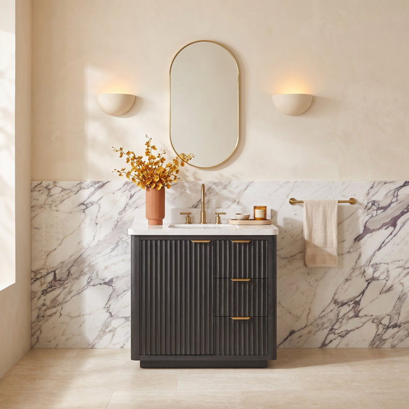 Adela 36'' Single Bathroom Vanity with Cultured Marble Top, White, Black, Gold