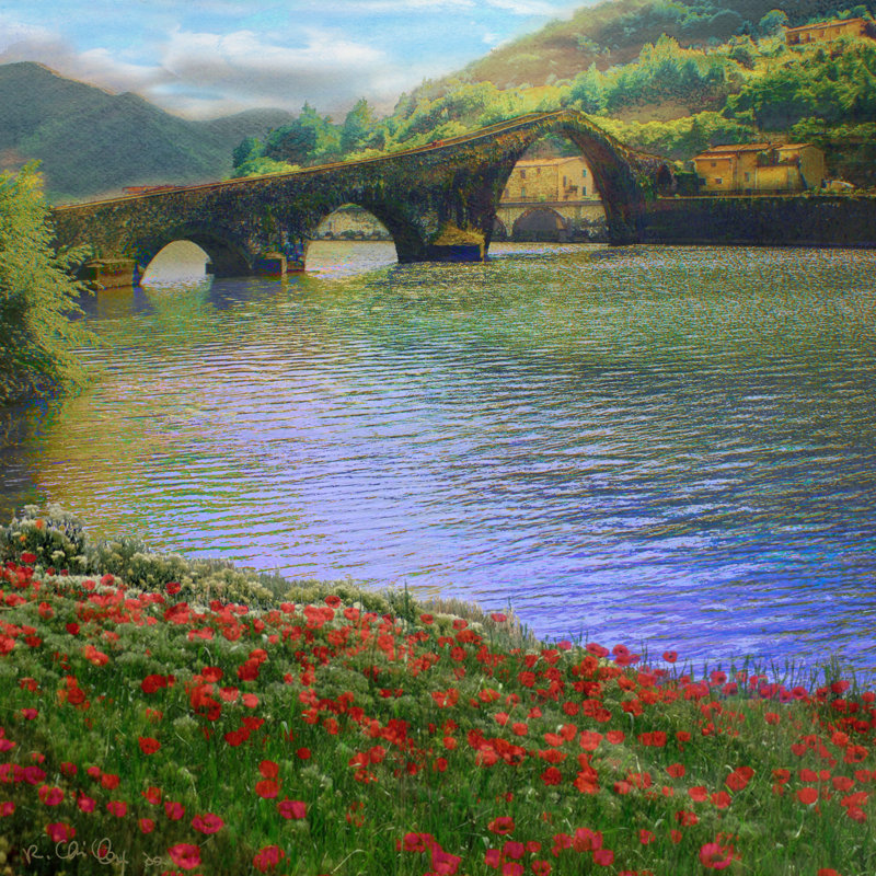 River Bridge by Chris Vest - Wrapped Canvas Painting, 30cm H x 30cm W
