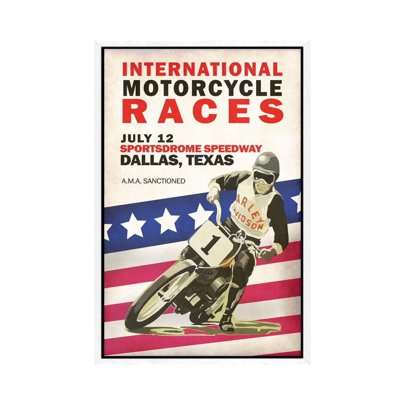 Intl. Motorcycle Races Dallas by Mark Rogan - Print on Canvas, 66.04cm H x 45.72cm W x 3.81cm D, White Framed
