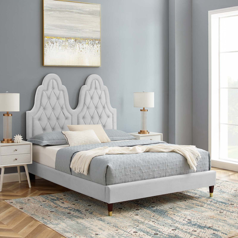 Lit plateforme en velours Alexandria, Blanc, Simple