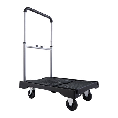 Chariot de manutention pliable, capacité de 150 kg, dimensions : 68 x 50 x 11 cm, plateau pliable avec roues pivotantes, poignée de poussée réglable, conçu pour un rangement facile.