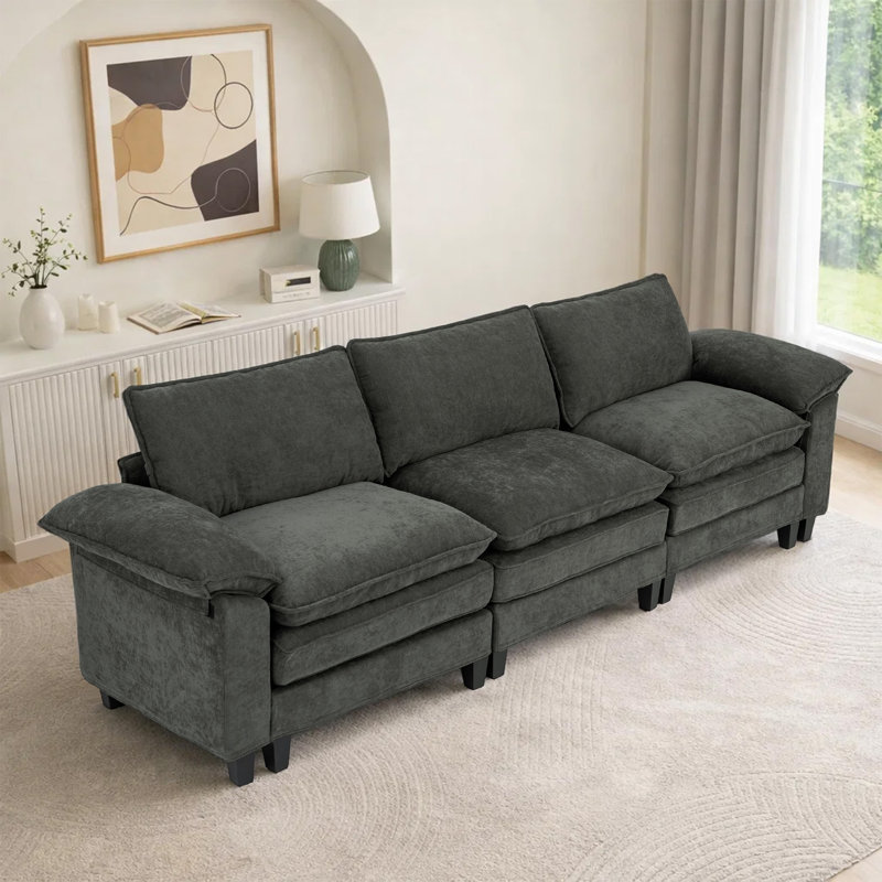 Canapé modulaire rembourré 3 pièces 3 pièces, H 37,4 po x l 113 po x P 27,5 po, 3, Tissu gris