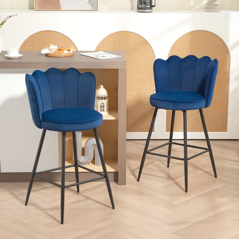 Upholstered Counter Stool with Metal Frame, Blue