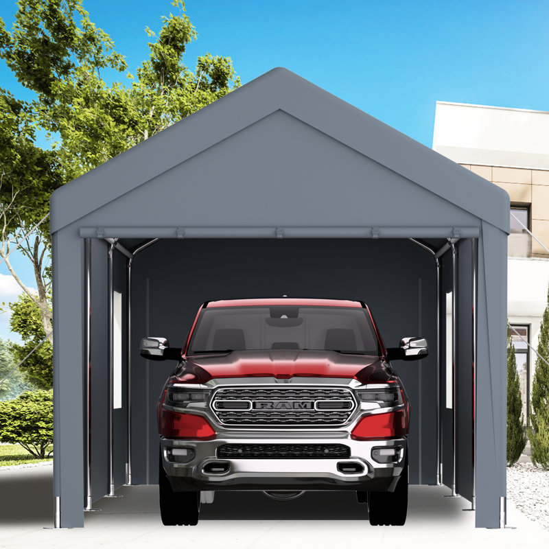 Abri d'auto 10 x 20 pi, structure en acier galvanisé, 2 portes, 4 fenêtres d'aération, auvent gris pour diverses utilisations