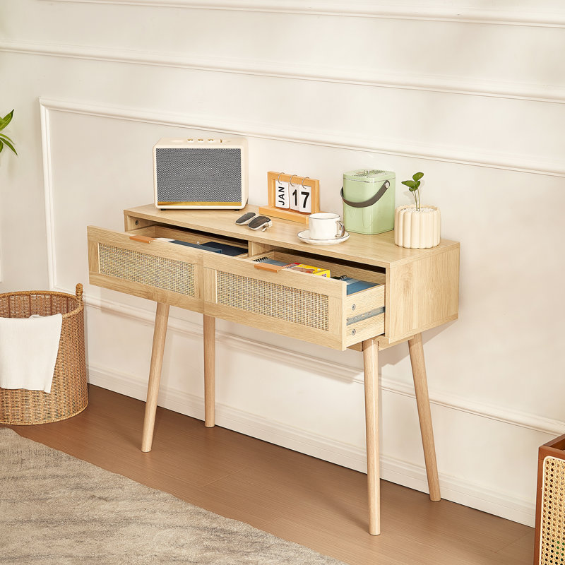 Natural Oak and Rattan Console Table with Storage Drawers