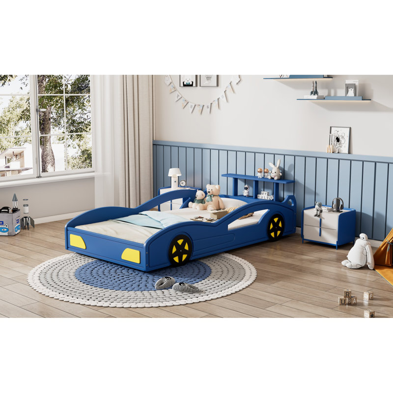 Lit de voiture de course en bois, lit plateforme simple en forme de voiture avec roues pour adolescents, et jaune, Bleu