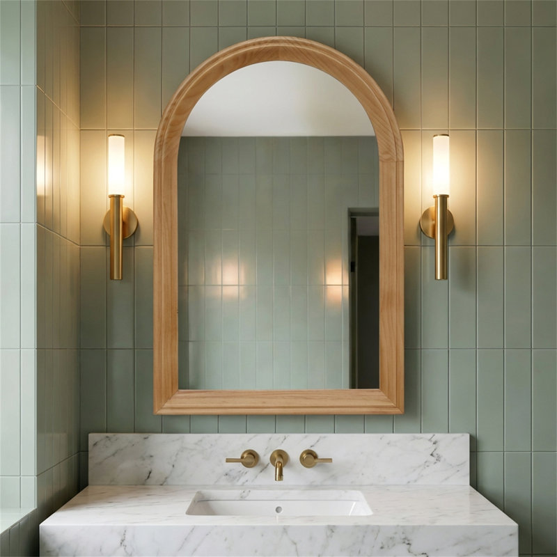 Miroir mural arqué en bois de 35,43 po de hauteur x 23,62 po de largeur, convenant à la salle de bain / coiffeuse / salon