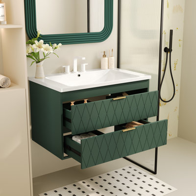 Meuble-lavabo mural 30 po avec lavabo en résine, armoire de rangement flottante avec 2 tiroirs, armoire de salle de bain en bois massif