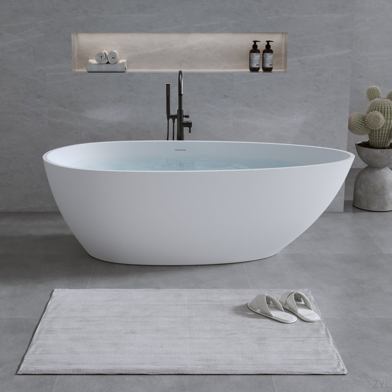 59'' Solid Surface Matte Tub, Freestanding Solid Surface Resin Stone Bathtub, Solid Surface Matte White Soaking Tub,Free Standing Tub With Overflow And Pop-Up Drain, Matte White