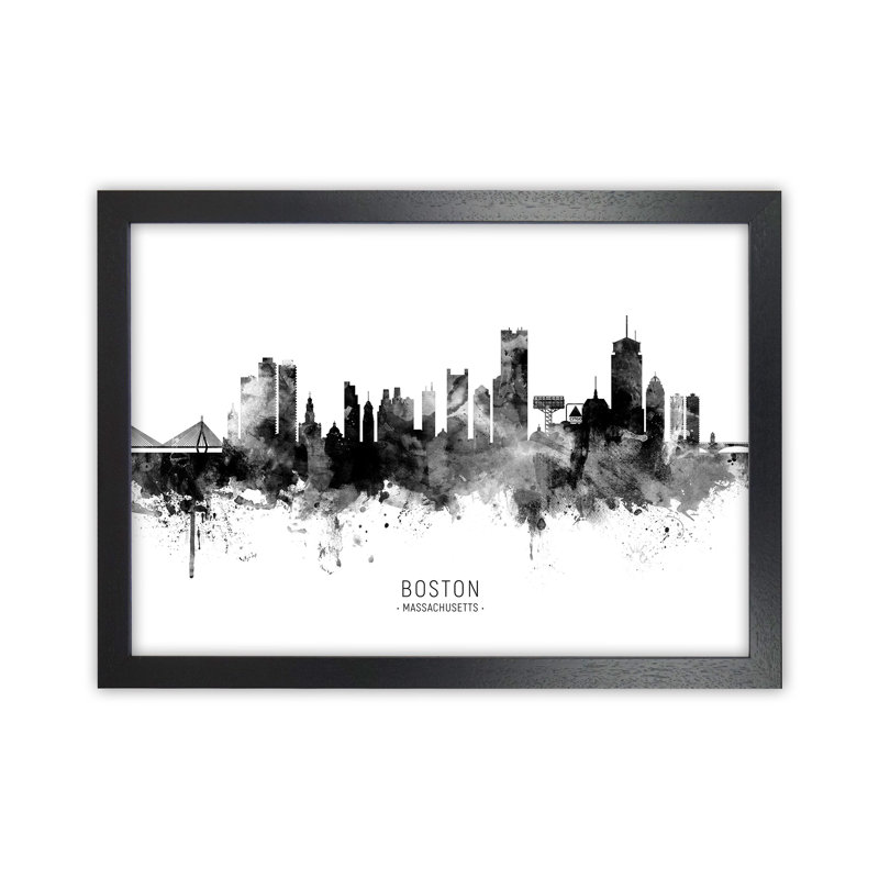 Boston Massachusetts Skyline Black White City Name by Michael Tompsett - Print, 25cm H x 34cm W x 3cm D, Black Framed