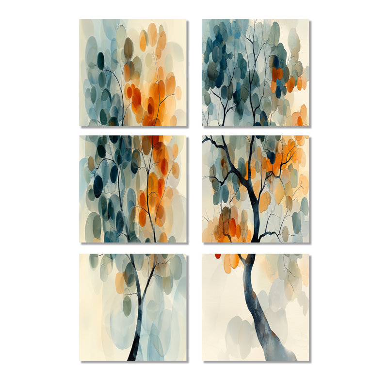Abstrait orange et bleu, ensemble de 6 reproductions d'art sur toile de tilleul américain, Toile tendue, Ne s’applique pas