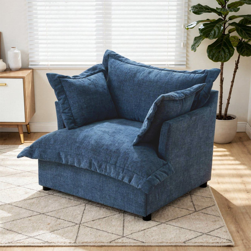Chaise d'appoint moelleuse en chenille rembourrée bleu marine avec coussins surdimensionnés, Marine