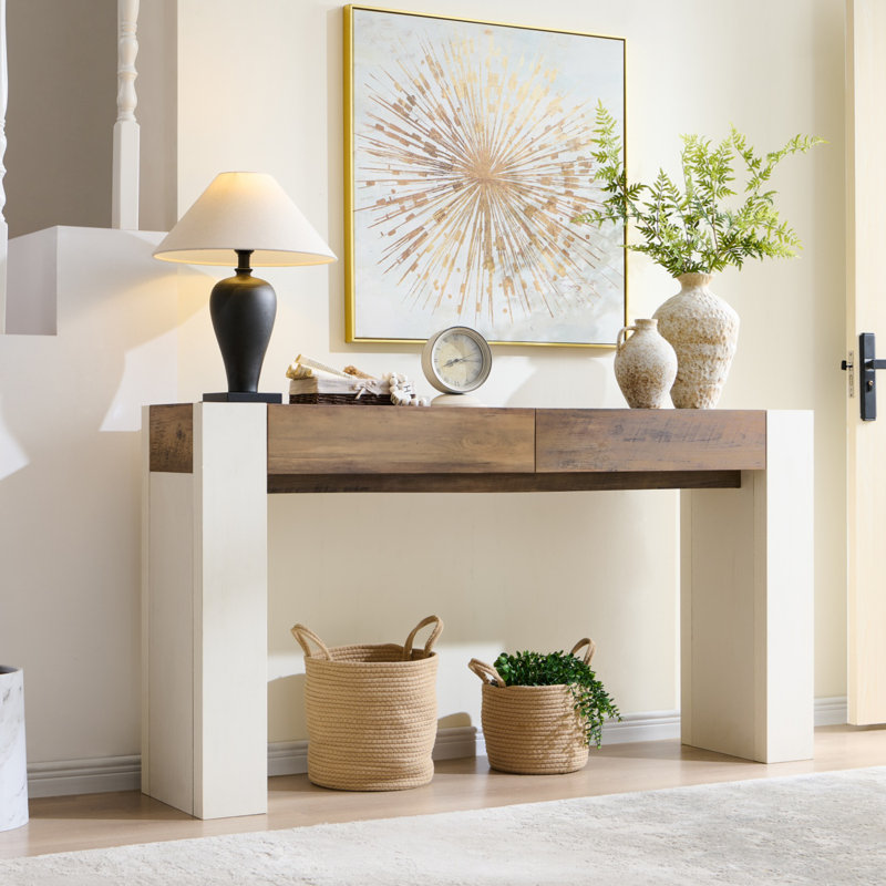 Console 63 pouces en bois Farmhouse, Chêne rustique et blanc