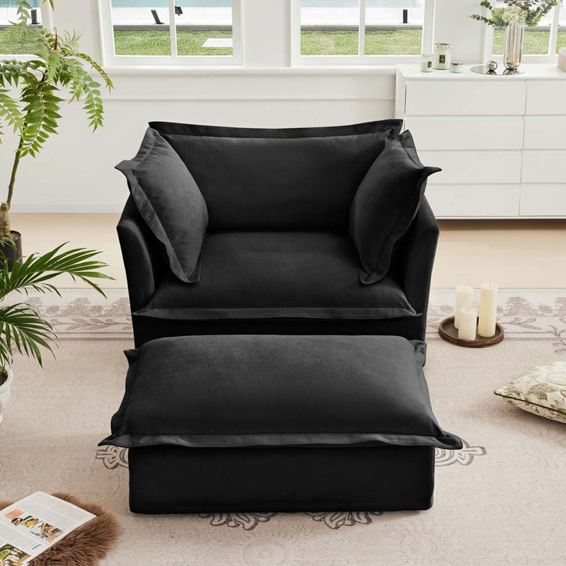 Fauteuil en chenille avec repose-pieds large, assise profonde et grands coussins moelleux, ensemble de 2, Black