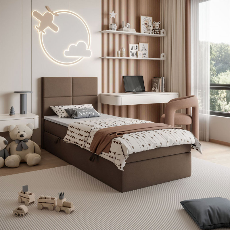 Upholstered Bed with Mattress, 90cm W x 200cm L, Light brown