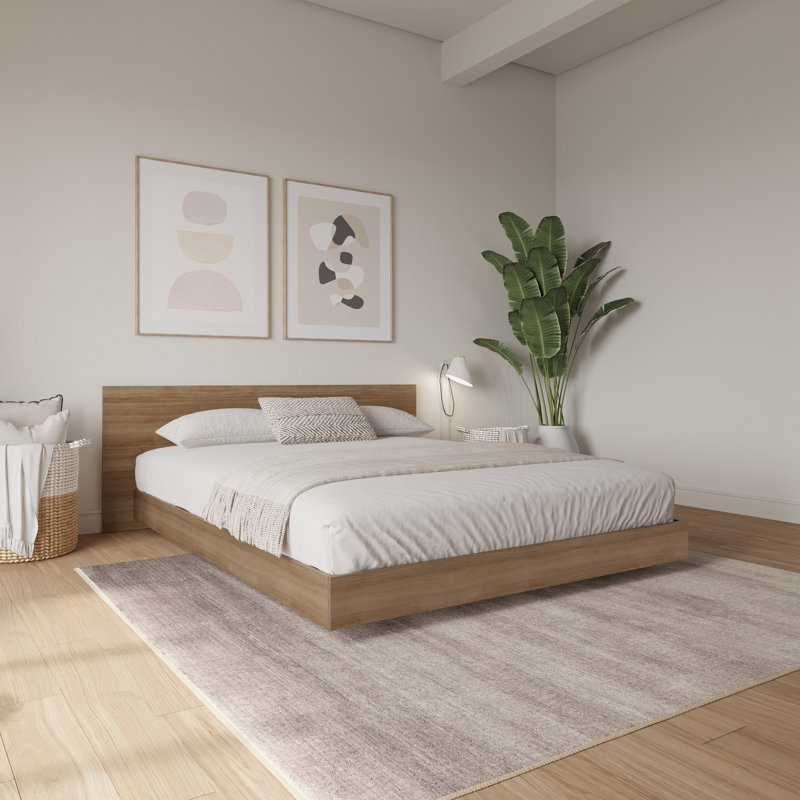 Grand lit plateforme avec tête de lit Satori, chêne brun, Marron, Grand lit