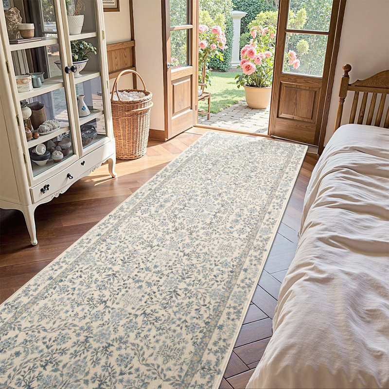Tapis floral lavable à la machine, Tapis de couloir 3 pi x 8 pi, Blue