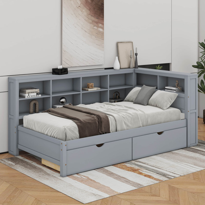 Lit de jour avec tiroirs, tablette et ports de chargement USB, Simple, Gris