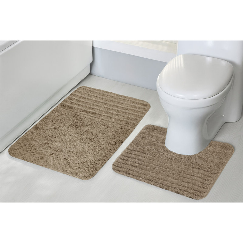 Chenille Soft High Density Anti Slip Linear Bath Mat Set, Beige